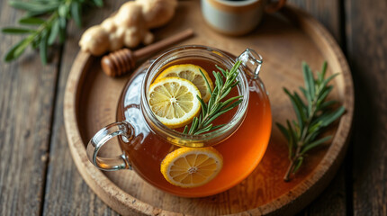 Top view of a freshly brewed herbal tea with lemon and rosemary