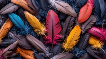 Vibrant colorful feathers arranged in a dense assortment with shades of blue yellow red pink orange and purple creating a striking textured background