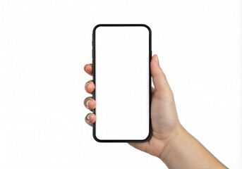 Smartphone mockup held in hand with blank screen for app or website presentation