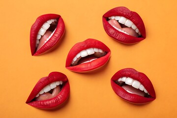 Obraz premium Red lips and white teeth on orange background, beauty concept