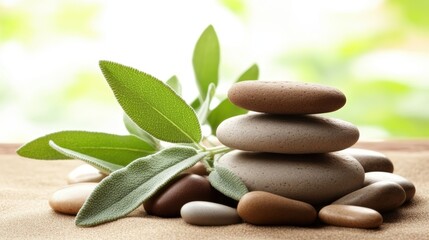 Obraz premium Close-up of a balanced stack of smooth stones and green sage leaves on a wooden surface with a soft-focus natural green background promoting relaxation and wellness