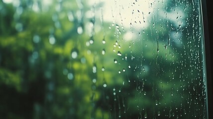 Raindrops on a glass window with a blurred green background.
