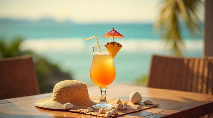 Tropical cocktail and a straw hat on a beachside table