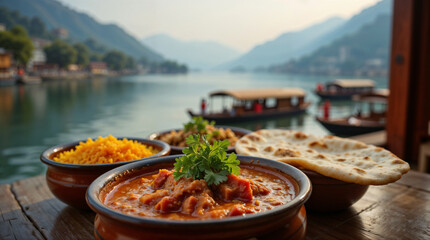 Scenic Indian Dining by a Tranquil Lake with Traditional Dishes