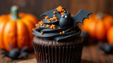 Halloween-themed chocolate cupcake with bat decoration