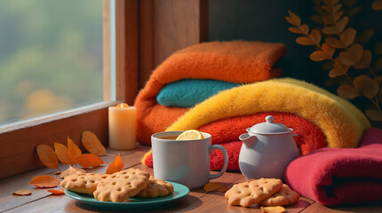 Cozy autumn still life with blanket, tea, and cookies