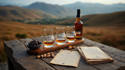 Whisky tasting setup in a scenic outdoor setting
