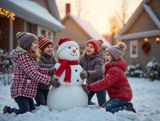 Children Building Snowman in Festive Winter Scene with Joyful Smiles