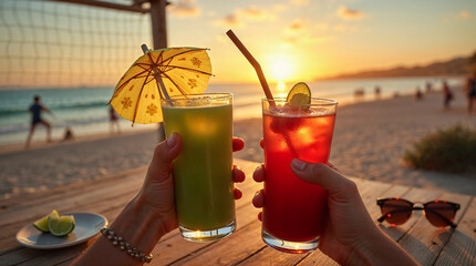 Cropped unrecognizable people holding summer cocktails at beach