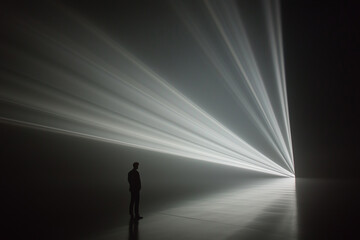 Silhouette standing before radiant light in galactic space