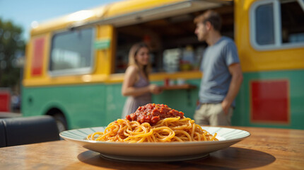 Vegan spaghetti served at a colorful food truck