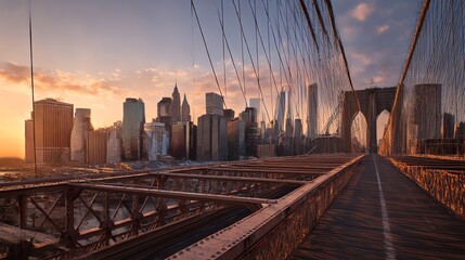 Fototapeta premium Stunning golden hour view of New York City skyline from Brooklyn, featuring Manhattan skyscrapers glowing at sunset by the East River.