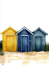 Beach huts in warm colors against a sand background