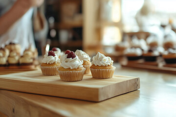 Delicious cupcakes with cream frosting on wooden board in bakery