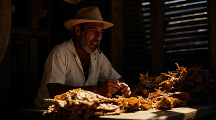 A cuban cigar roller with Hat Working in Dimly Lit Tobacco Shed