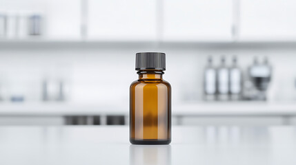 A bottle of medicine on a white table in a laboratory with a white background. The bottle is made of amber glass and has a black cap.