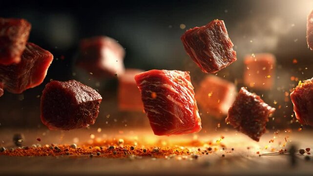 Floating chunks of raw beef surrounded by spices, illuminated in a kitchen setting