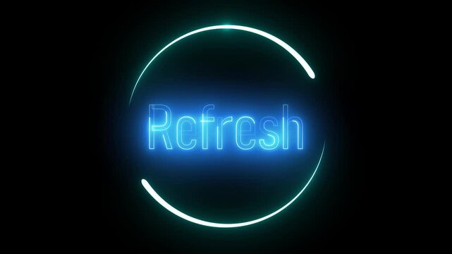 Glowing neon refresher text inside circular design. Vibrant and modern visual for digital interfaces, app icons, and interactive elements.