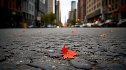 Close-up of a vibrant red maple leaf lying on a textured asphalt street with blurred city buildings and traffic lights in the background du daytime