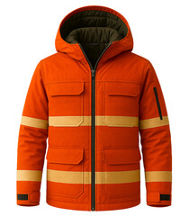High-Visibility Safety Jacket in Bright Orange with Reflective Yellow Stripes and Utility Pockets Isolated on White Background for Industrial Workwear or Outdoor Protection Concept
