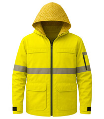 Fluorescent Yellow High-Visibility Safety Jacket with Reflective Stripes and Geometric Patterned Hood for Outdoor Workwear or Industrial Use – Isolated on White Background