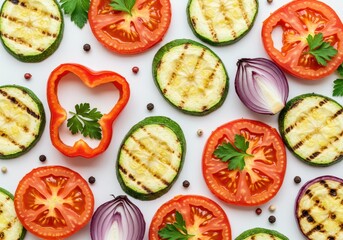 Grilled zucchini, tomato, pepper and onion slices on a white background