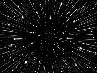 3D hyperspace background with warp tunnel effect. A starry sky with a bright light in the middle. The stars are scattered all over the sky, creating a sense of movement and energy.