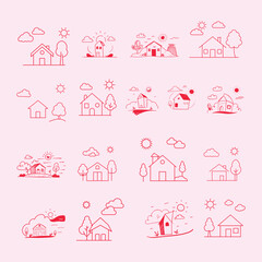 Little Red House Illustration with Tree and Sunny Sky.