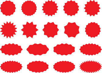 Starburst sticker set, collection of special offer sale oval and round shaped sunburst labels and badges. Promo stickers and badges, seal, stamp, print with star edges.