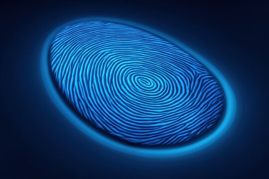 Abstract representation of a glowing blue fingerprint pattern illuminated in a dark environment showcasing uniqueness and digital identity emphasizing security and modern technology