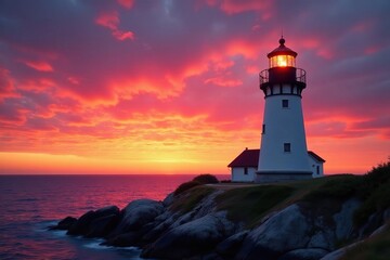 Iconic Maine lighthouse at sunset, dramatic sky , sea, architecture, beam