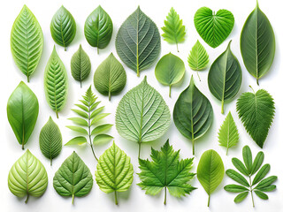 Fototapeta premium A collection of green leaves with varying shapes and sizes isolated on white background. The leaves are arranged in a row, with some overlapping and others standing alone.