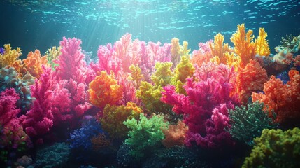 Naklejka premium Coral reef teeming with colorful marine life and healthy biodiversity captured underwater with crystal-clear visibility 