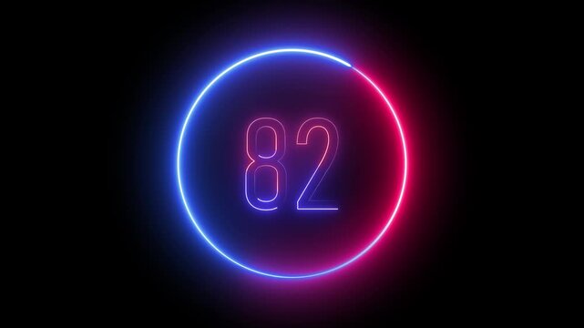 Vibrant neon number 82 design. Glowing circular frame on dark background for stylish modern interfaces and visual effects.