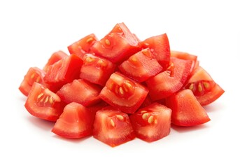 Pile of diced red tomatoes on a white background ready for cooking