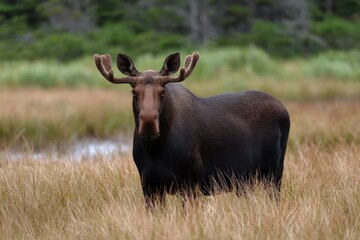 Fototapeta premium Moose Standing in Grassy Field with Antlers Portrait Wildlife Scene