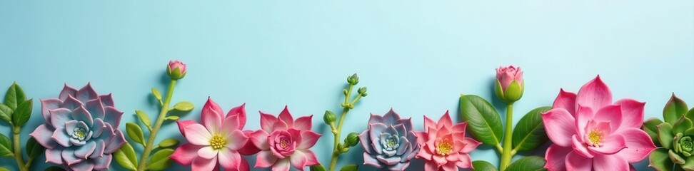 Pastel pink & blue background, succulents arranged in a pleasing top-down composition , background, pastel