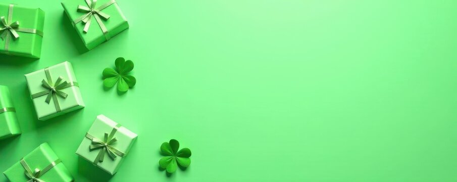 Pastel green background with clover and St Patrick's Day themed gift boxes Flatlay , party, Irish