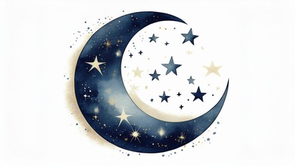 Naklejka premium crescent moon with golden stars and dark navy galaxy sparkles for ramadan web design, branding icon, or spiritual print illustration