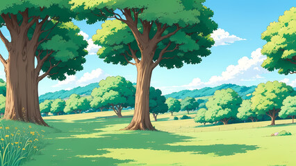 Bright landscape illustration: Lush green trees, rolling hills, and a grassy field bathed in sunlight. Blue sky with fluffy white clouds creates a serene daytime scene. Perfect for nature themes.