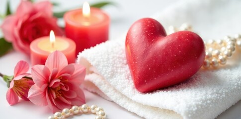 Romantic spa experience White background, red heart, candles, pearls, flowers , luxury, aromatherapy, spa