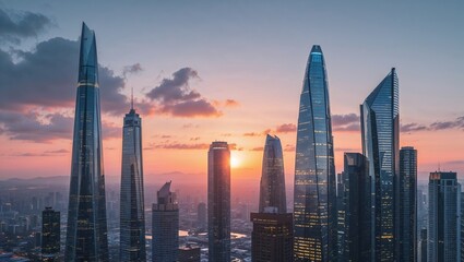 Fototapeta premium Hong Kong's urban skyline at sunset, featuring towering skyscrapers and a vibrant cityscape
