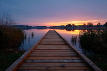 Obraz premium Walking on Dock During Sunrise Over Calm Lake in Nature