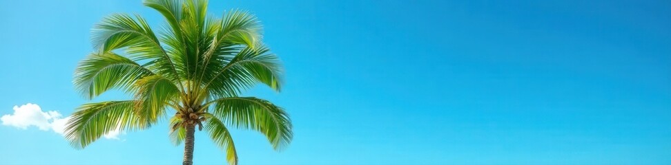 Fototapeta premium Single coconut palm against azure sky, ample copy space, website, simple, travel