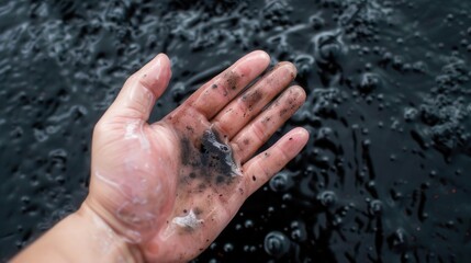 Hand with Soap Scrubbing Black Substance from Water Surface