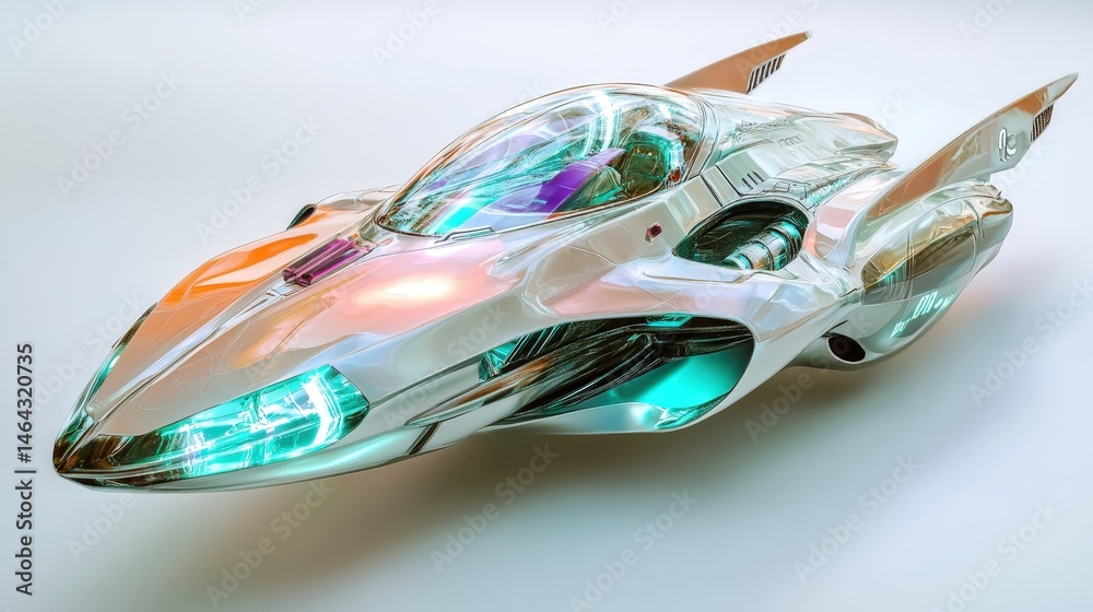 Poster a highly detailed 3d model of a futuristic spaceship, rotating slowly in space, demonstrating the pr