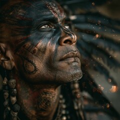 A man with a face painted in black and red with a feather headdress