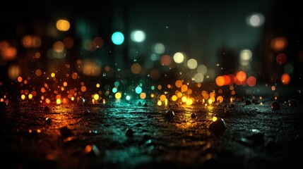 A blurry cityscape with lights and reflections on the ground