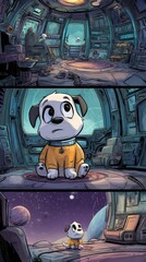 Intriguing space interior scene featuring a small dog.