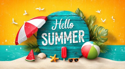 A colorful poster with a beach scene